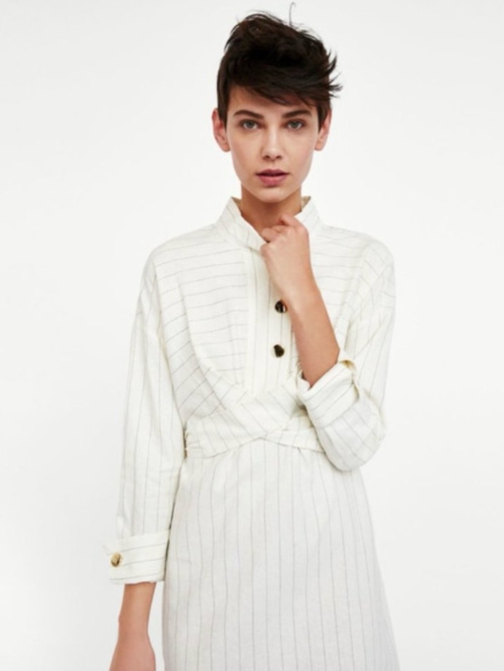 Zara Cream Pinstripe Linen Blend Button-Front Belted Waist Midi Dress Size Med
